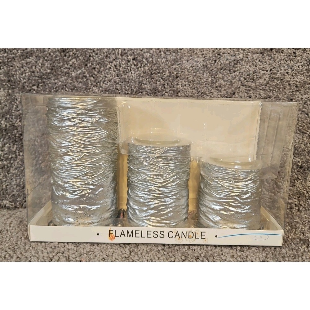 Set Of 3 Silver Real Wax Flamless Candles With Remote New